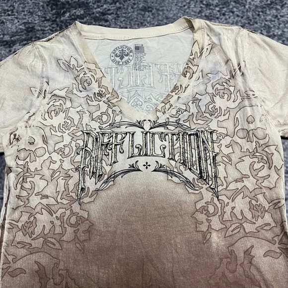 Affliction Live Fast Shirt V-Neck Womens Medium Cream Brown Y2K Grunge - Picture 4 of 11